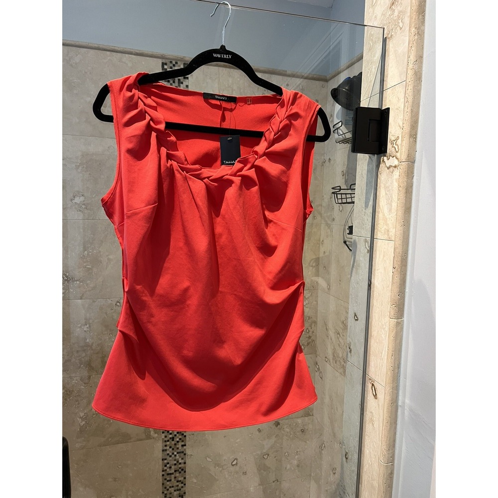 Tahari Women’s size M/M SleeveLess top Ruffle Ruched blouse. Orange Red NWT